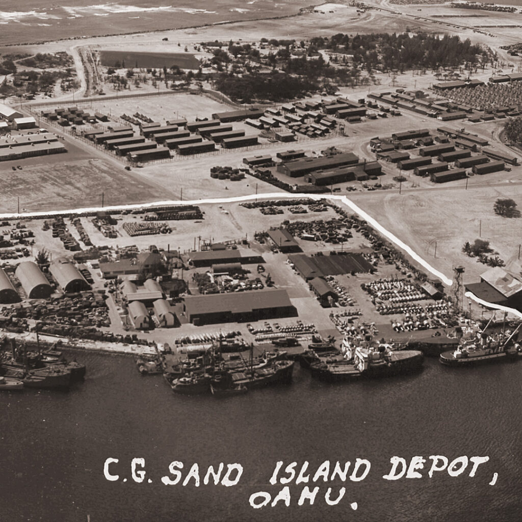 Sand Island after its upgrades. What began as open tents grew into a complex of barracks and military buildings as the camp system expanded across Hawaiʻi.
