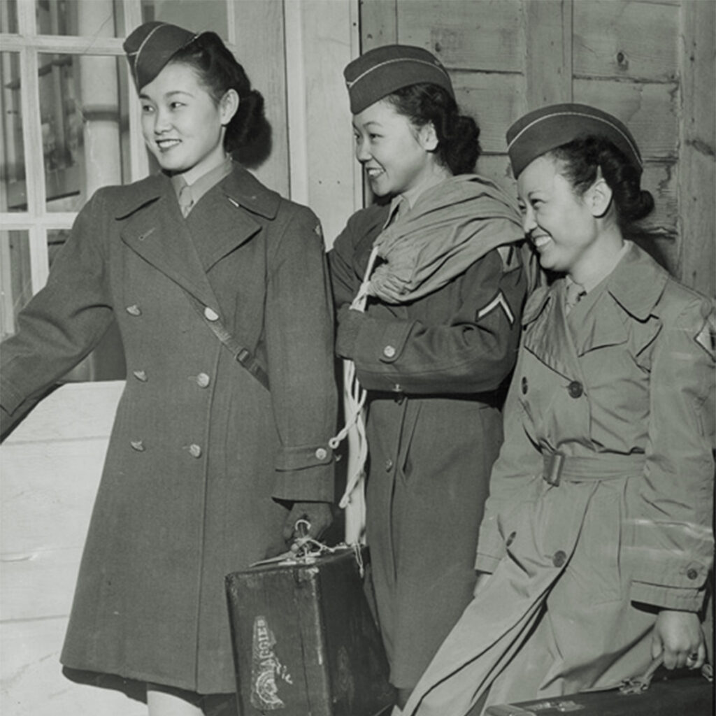 WAC Privates Iris Watanabe, Sue Ogata, and Bette Nishimura at Fort Snelling, Minnesota, 1944.