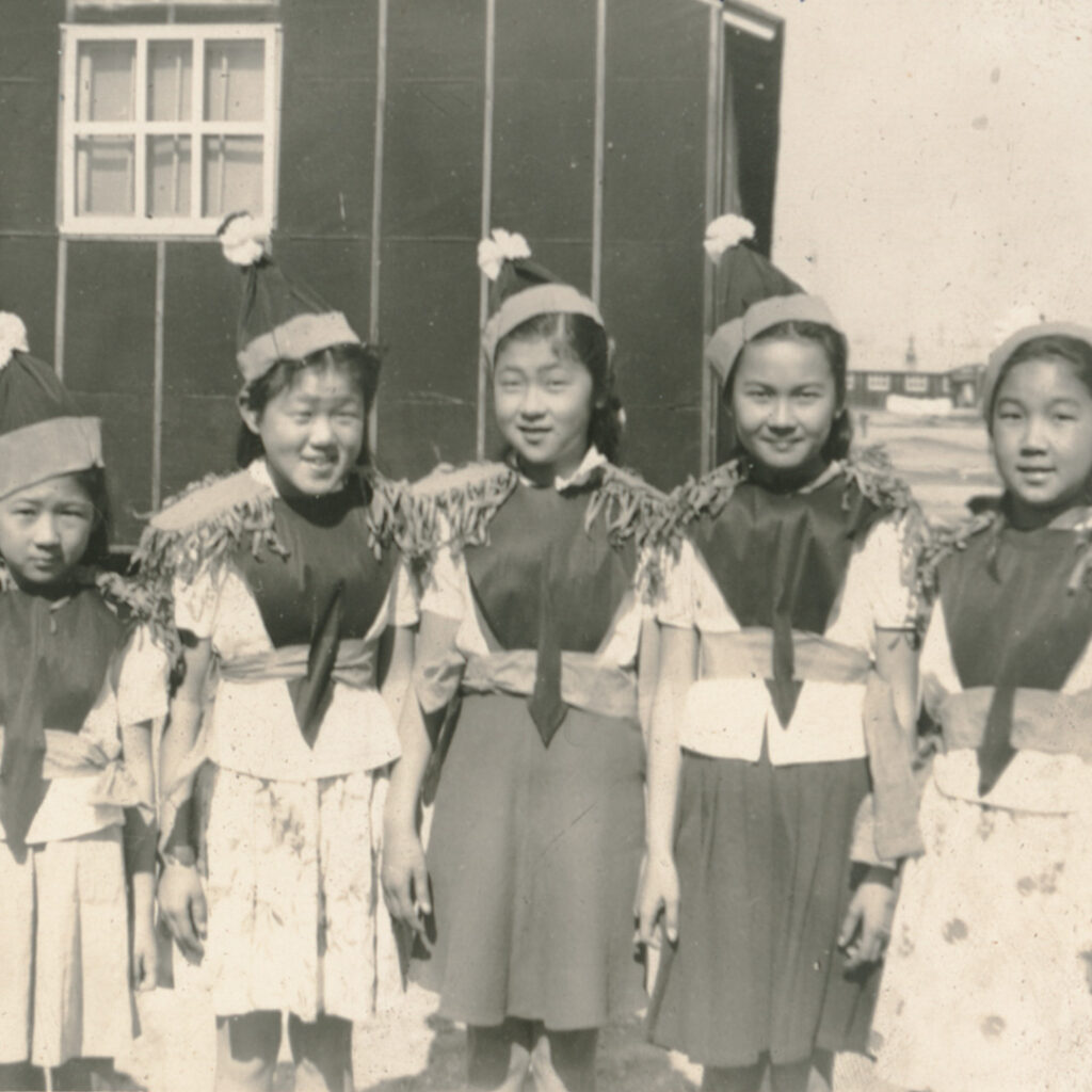 Girls dressed up in Christmas costumes, Jerome, 1944.