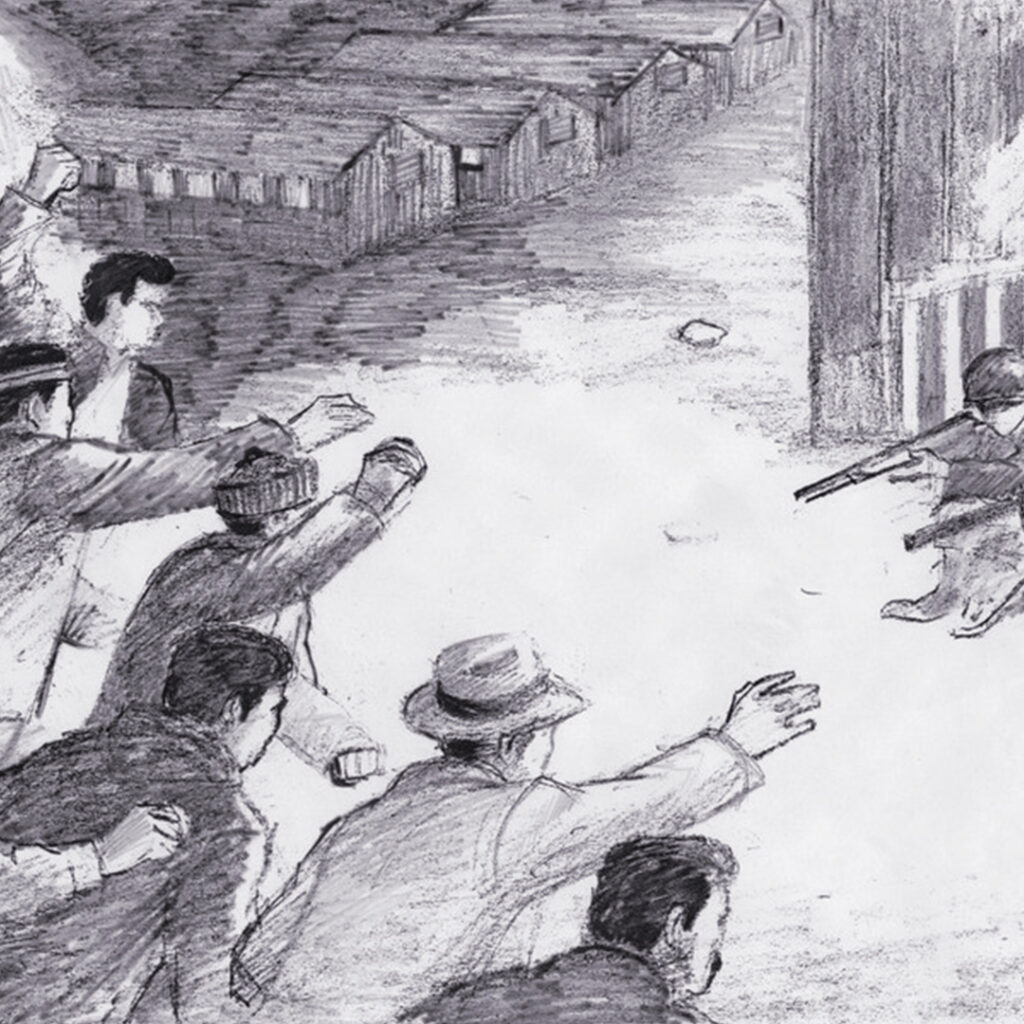 Japanese American inmates clash with armed guards at Manzanar, December 5, 1942. Sketch by Eddy Kurushima, one of Manzanar inmates who witnessed the riot.