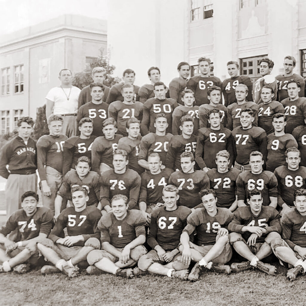 Babe Nomura (bottom left) in Hollywood High School football team, Los Angeles.
