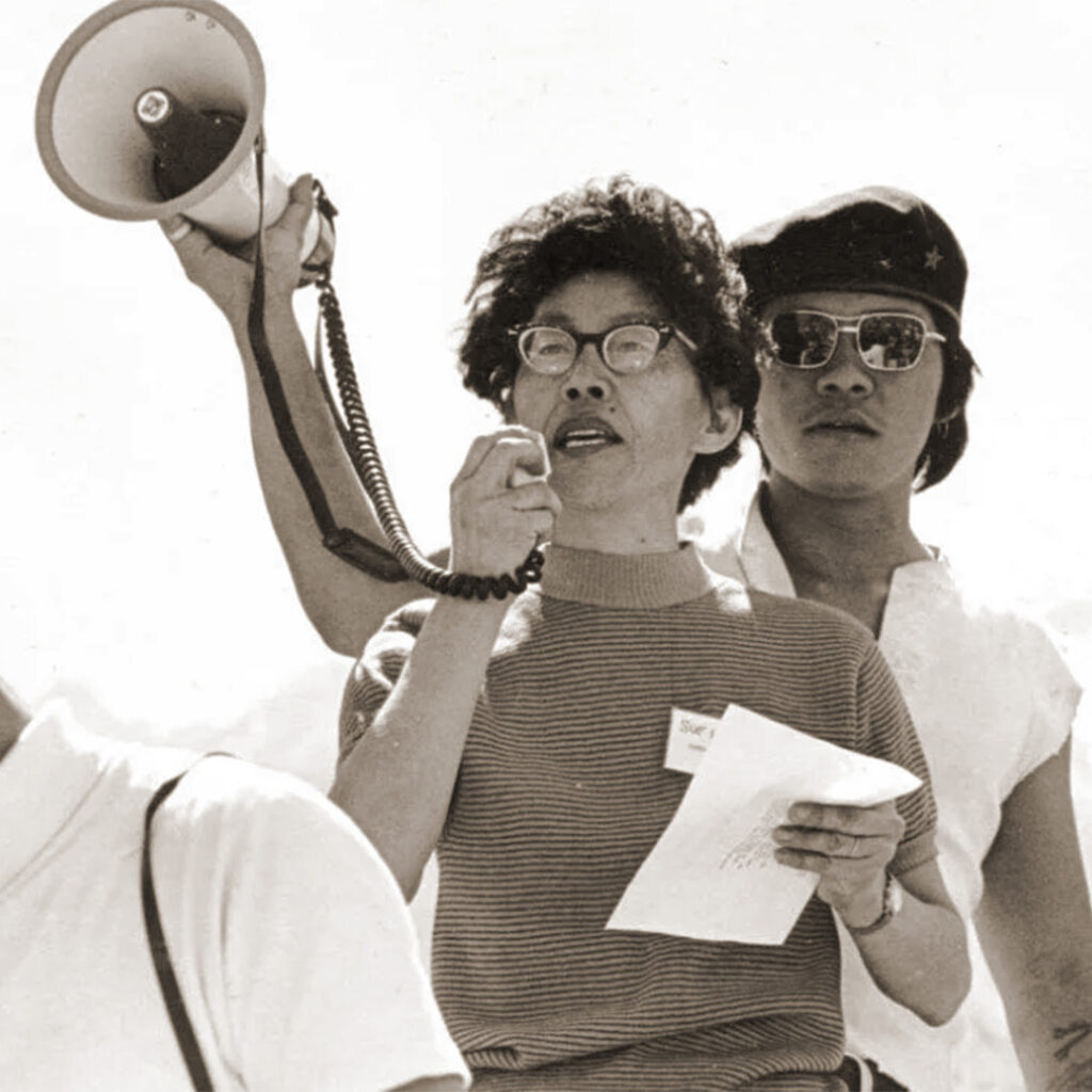 Sue Kunitomi Embrey speaking at the Manzanar Pilgrimage, photo courtesy of Manzanar Committee