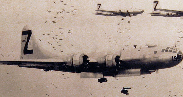 B-29 releasing incendiary bombs on Yokohama, May 1945. U.S. Air Force Photo