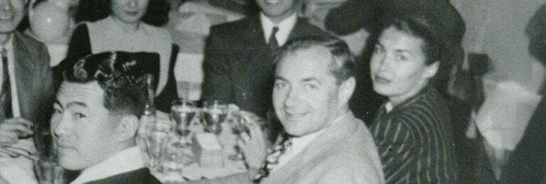 A.L. Wirin at Dinner celebrating overturning of wartime convictions, April 4, 1946, courtesy of Densho / the Frank Abe Collection