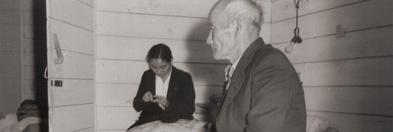 San Bruno, California. Old Mr. Konda in barrack apartment, after supper. - NARA - 537894