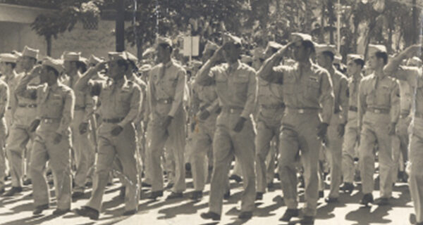 Soldiers of the Hawaii National Guard march, Honolulu, 1942, courtesy of the 100th Clubhouse