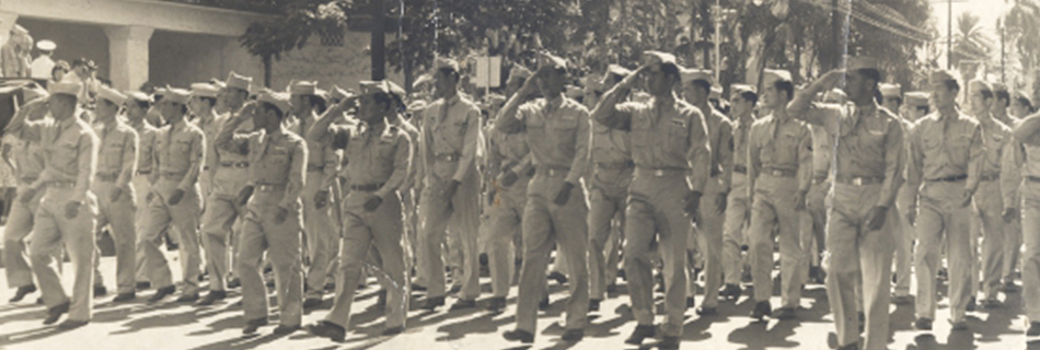 Soldiers of the Hawaii National Guard march, Honolulu, 1942, courtesy of the 100th Clubhouse