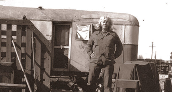 Estelle in Front of Trailer - Estelle Ishigo Collection, courtesy of the Heart Mountain Wyoming Foundation
