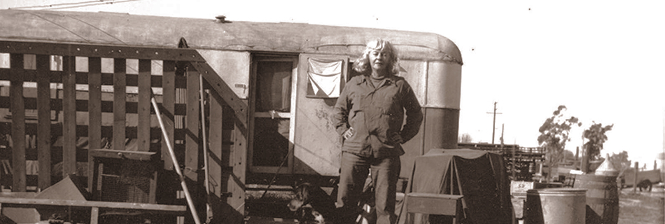 Estelle in Front of Trailer - Estelle Ishigo Collection, courtesy of the Heart Mountain Wyoming Foundation
