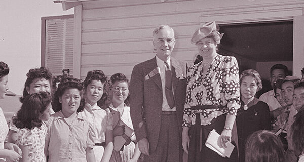 Gila River Relocation Center, Rivers, Arizona. Mrs. Eleanor Roosevelt, accompanied by Dillon Myer - NARA - 537079