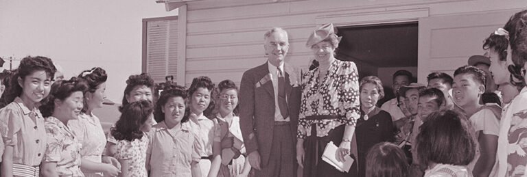 Gila River Relocation Center, Rivers, Arizona. Mrs. Eleanor Roosevelt, accompanied by Dillon Myer - NARA - 537079