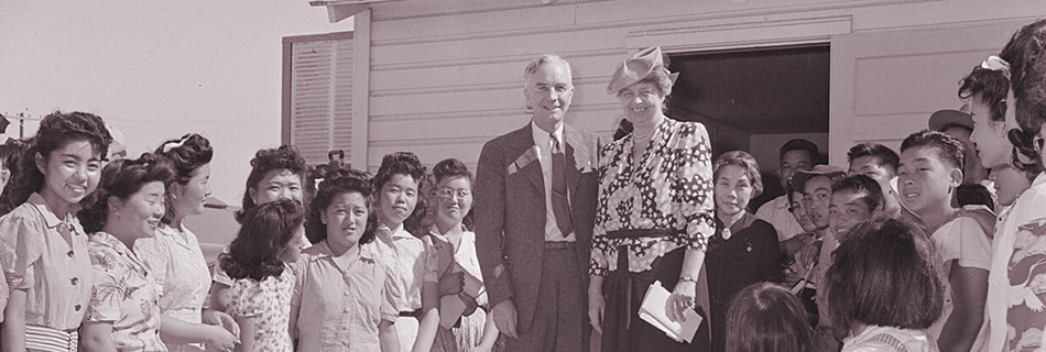 Gila River Relocation Center, Rivers, Arizona. Mrs. Eleanor Roosevelt, accompanied by Dillon Myer - NARA - 537079