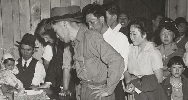 Attendants register arrivals at Santa Anita Park Assembly Center, April 5, 1942, Photo by Clem Albers, The Bancroft Library UC Berkeley