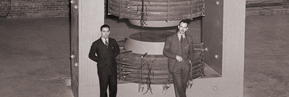 Indiana cyclotron with Larry Langer and Franz N.D. Kurie April 20, 1940, photo by Donald Cooksey, Lawrence Berkeley National Laboratory