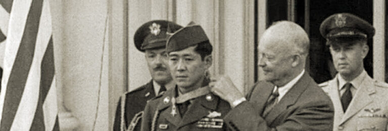 Hiroshi “Hershey” Miyamura receiving the Medal of Honor from President Eisenhower